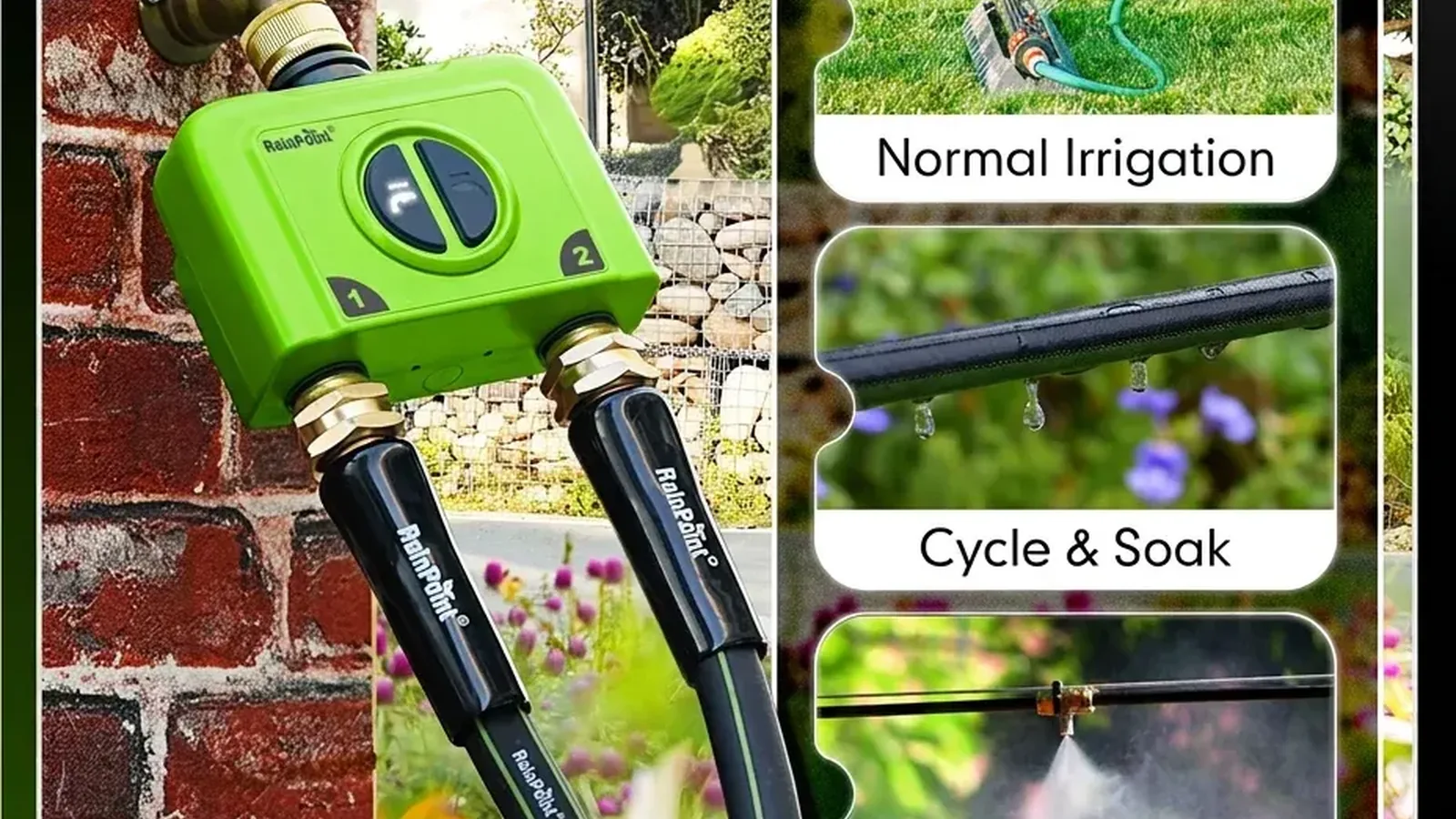 RainPoint irrigation timer connected to drip lines with labeled watering modes