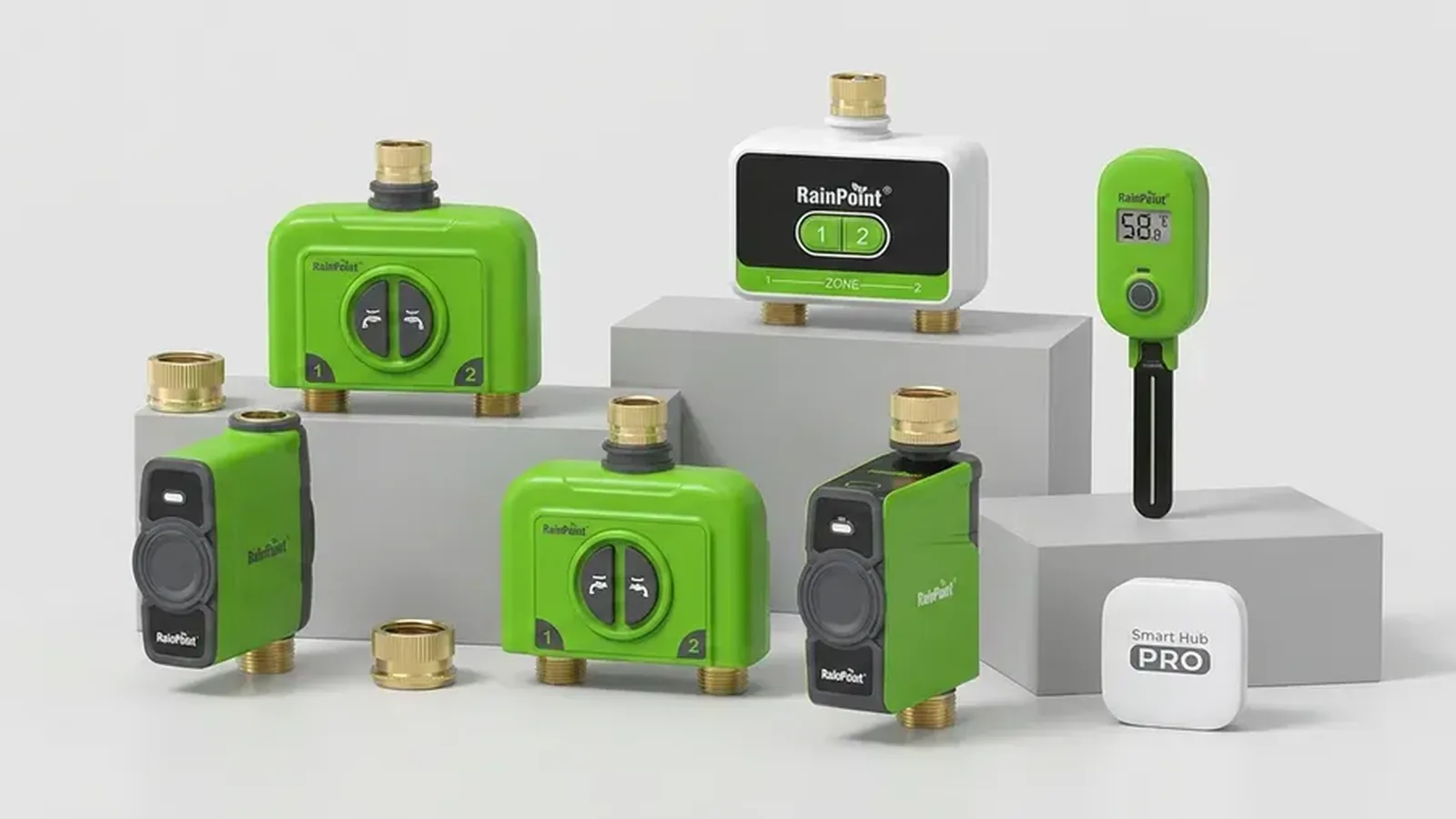Assorted RainPoint irrigation control devices on display stands