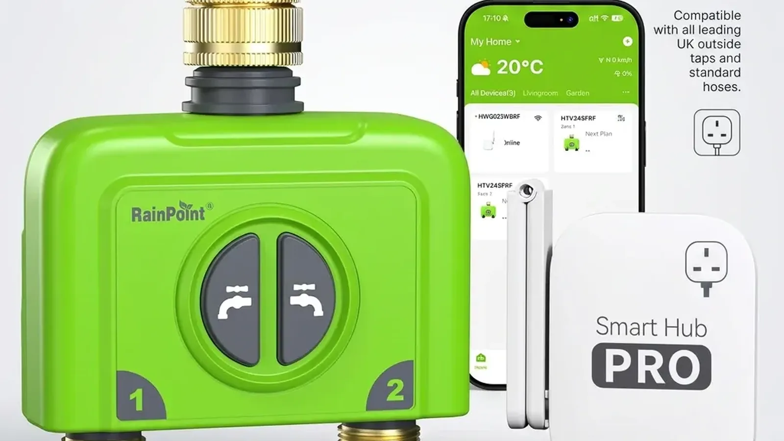 Green RainPoint water timer with two tap control buttons, smartphone showing app interface, and white Smart Hub Pro device