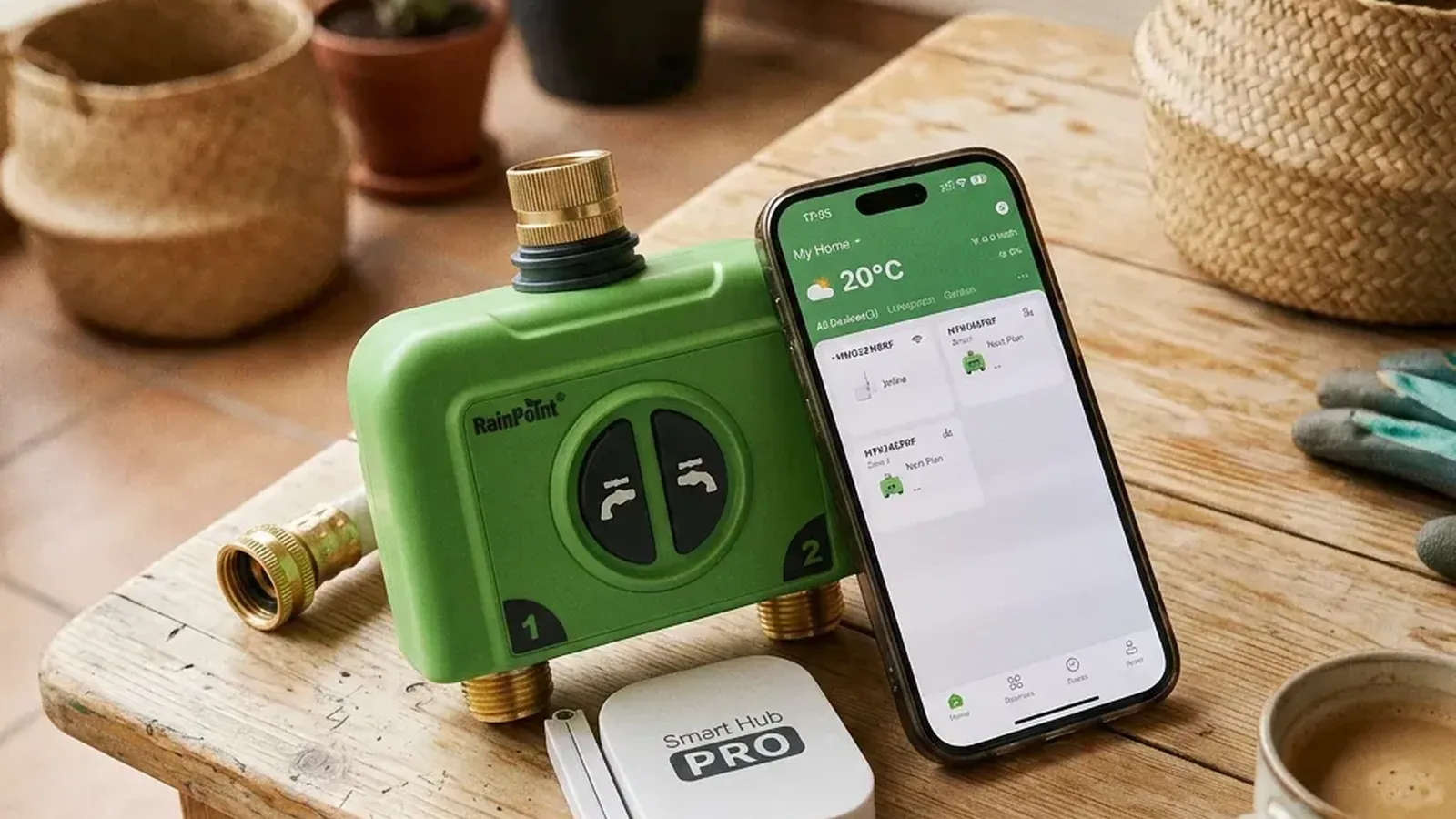 Green RainPoint water timer valve with Smart Hub Pro and smartphone showing home irrigation app
