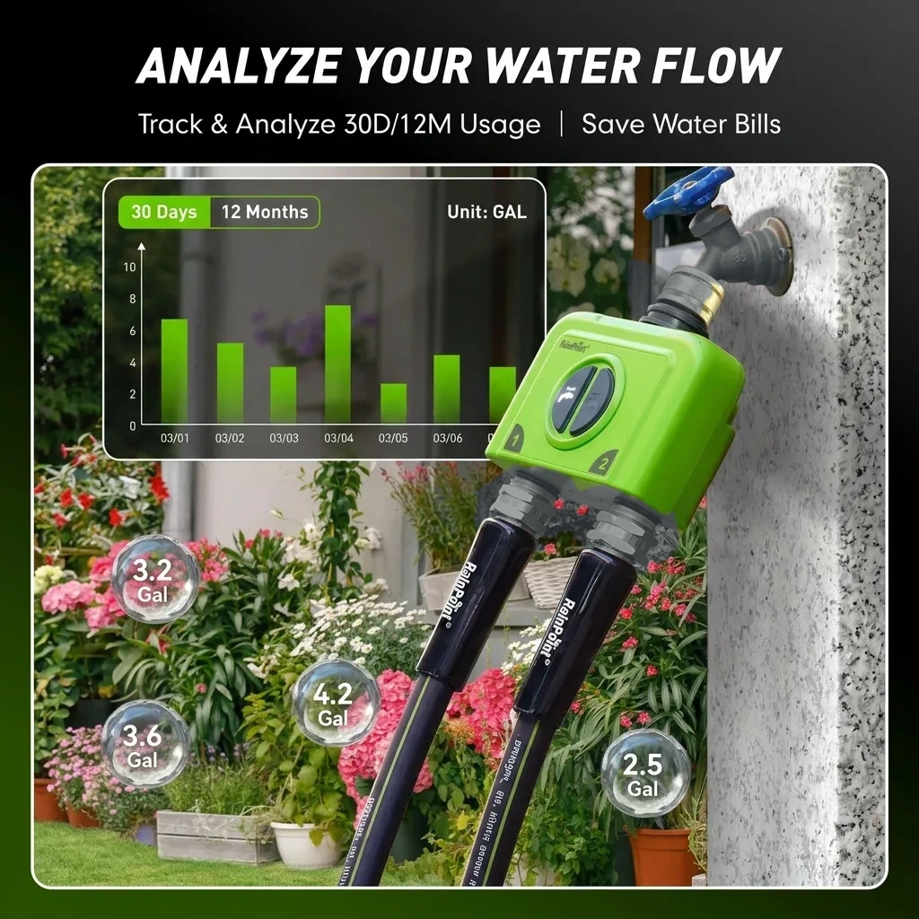 RainPoint 2-zone water timer connected to sprinklers in a UK garden