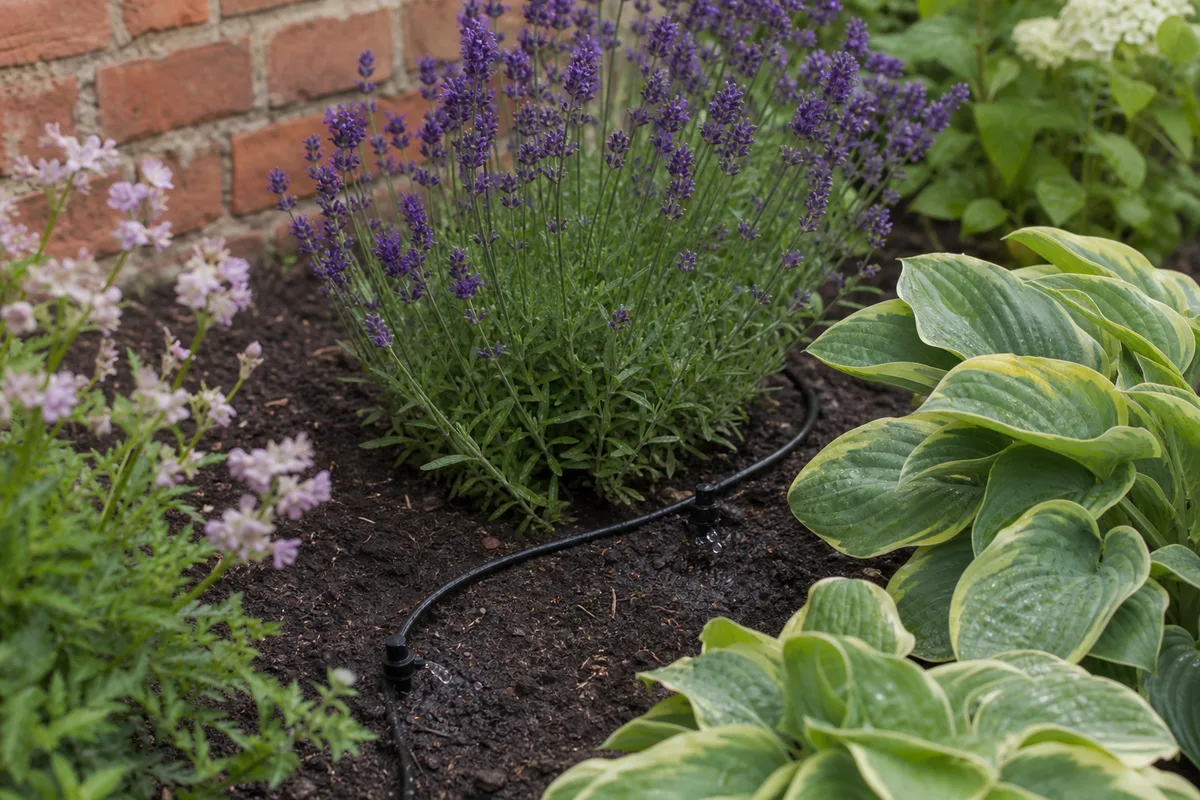 Drip irrigation kit installed in a UK vegetable garden bed with emitter tubing