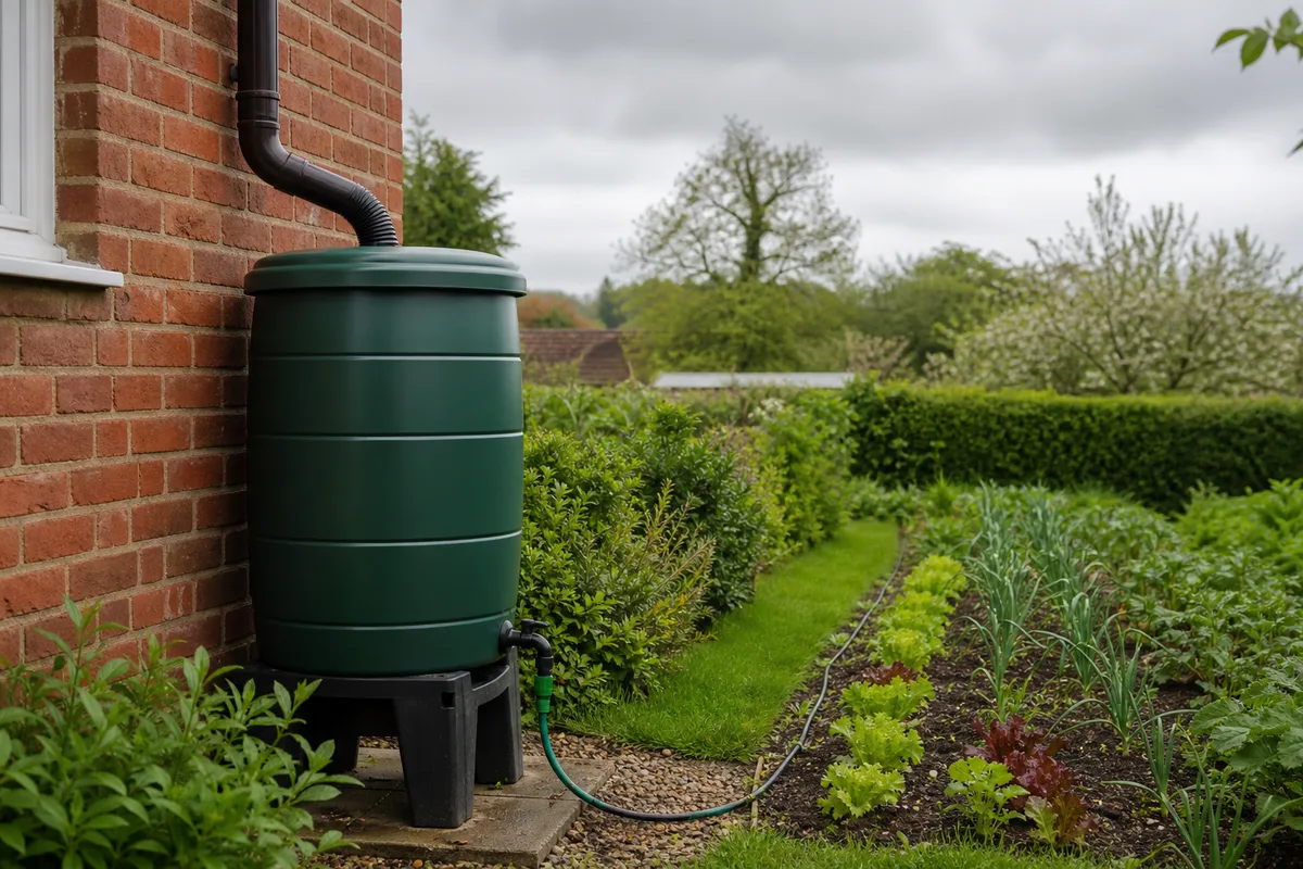 UK garden water butt connected to gravity-fed drip irrigation lines